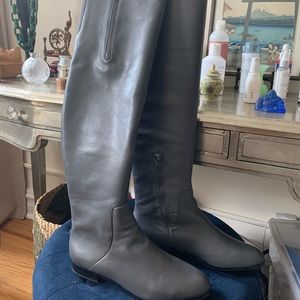 Grey leather knee high boots